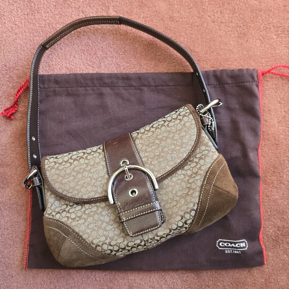 Coach Mini Soho Hobo Bag Signature Canvas Shoulder Baguette Brown Designer Purse